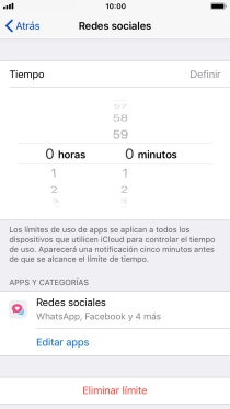 Configura el límite de tiempo deseado para el uso de la categoría seleccionada. Configura el límite de tiempo deseado para el uso de la categoría seleccionada.