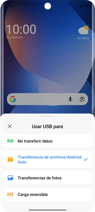 Pulsa Transferencia de archivos/Android Auto. Pulsa Transferencia de archivos/Android Auto.