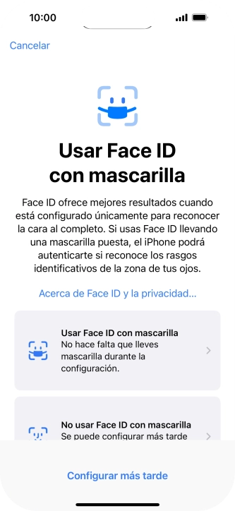 Pulsa Configurar más tarde. Si no has añadido anteriormente un código de seguridad, tendrás que introducir un código de libre elección dos veces consecutivas. Pulsa Configurar más tarde. Si no has añadido anteriormente un código de seguridad, tendrás que introducir un código de libre elección dos veces consecutivas.