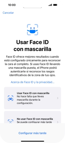 Pulsa Configurar más tarde. Si no has añadido anteriormente un código de seguridad, tendrás que introducir un código de libre elección dos veces consecutivas. Pulsa Configurar más tarde. Si no has añadido anteriormente un código de seguridad, tendrás que introducir un código de libre elección dos veces consecutivas.