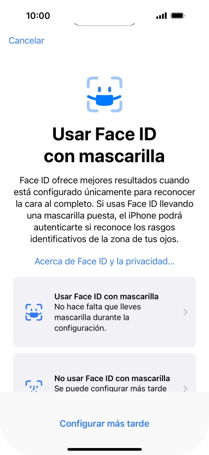 Pulsa Configurar más tarde. Si no has añadido anteriormente un código de seguridad, tendrás que introducir un código de libre elección dos veces consecutivas. Pulsa Configurar más tarde. Si no has añadido anteriormente un código de seguridad, tendrás que introducir un código de libre elección dos veces consecutivas.