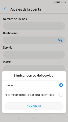 Pulsa Nunca para conservar los correos electrónicos en el servidor cuando los borras del teléfono. Pulsa Nunca para conservar los correos electrónicos en el servidor cuando los borras del teléfono.