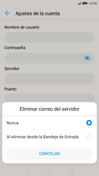 Pulsa Nunca para conservar los correos electrónicos en el servidor cuando los borras del teléfono. Pulsa Nunca para conservar los correos electrónicos en el servidor cuando los borras del teléfono.