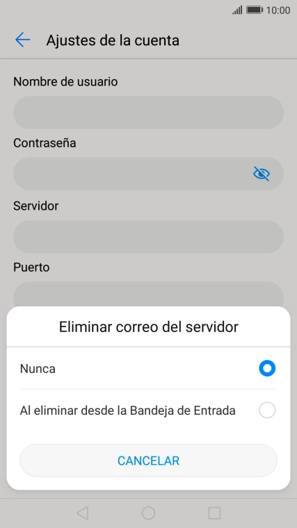 Pulsa Nunca para conservar los correos electrónicos en el servidor cuando los borras del teléfono. Pulsa Nunca para conservar los correos electrónicos en el servidor cuando los borras del teléfono.