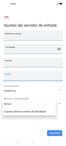 Pulsa Nunca para conservar los correos electrónicos en el servidor cuando los borras del teléfono. Pulsa Nunca para conservar los correos electrónicos en el servidor cuando los borras del teléfono.