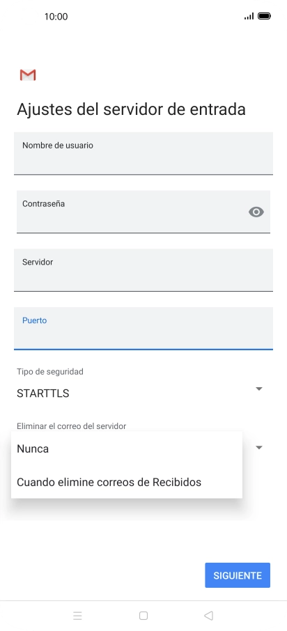 Pulsa Nunca para conservar los correos electrónicos en el servidor cuando los borras del teléfono. Pulsa Nunca para conservar los correos electrónicos en el servidor cuando los borras del teléfono.