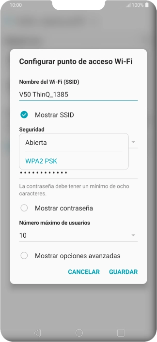 Pulsa WPA2 PSK para proteger la conexión wifi con una contraseña. Pulsa WPA2 PSK para proteger la conexión wifi con una contraseña.