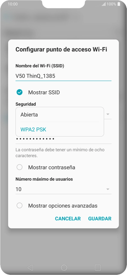 Pulsa WPA2 PSK para proteger la conexión wifi con una contraseña. Pulsa WPA2 PSK para proteger la conexión wifi con una contraseña.