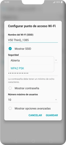 Pulsa WPA2 PSK para proteger la conexión wifi con una contraseña. Pulsa WPA2 PSK para proteger la conexión wifi con una contraseña.
