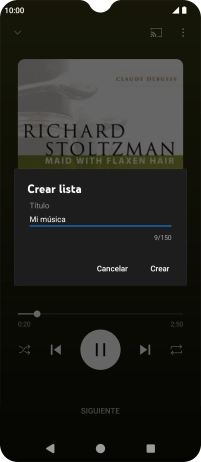 Introduce el nombre deseado de la lista de reproducción y pulsa Crear. Introduce el nombre deseado de la lista de reproducción y pulsa Crear.