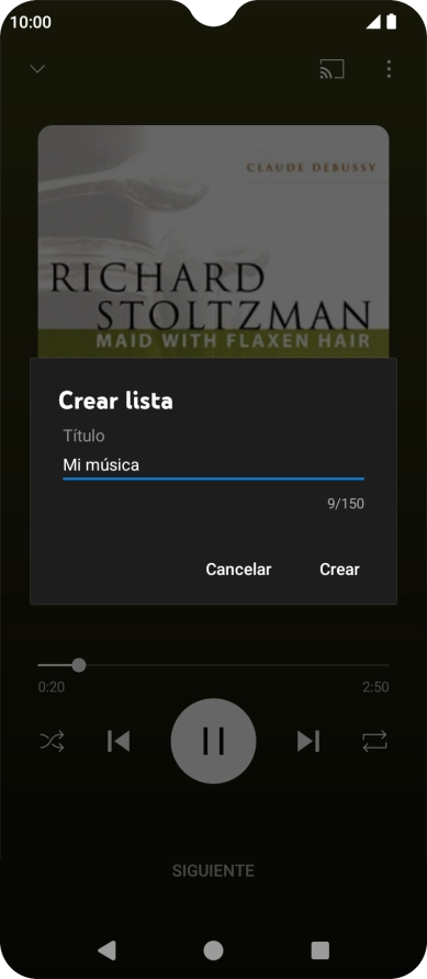 Introduce el nombre deseado de la lista de reproducción y pulsa Crear. Introduce el nombre deseado de la lista de reproducción y pulsa Crear.