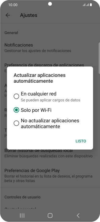 Para activar la actualización automática de apps utilizando la red móvil, pulsa En cualquier red. Para activar la actualización automática de apps utilizando la red móvil, pulsa En cualquier red.