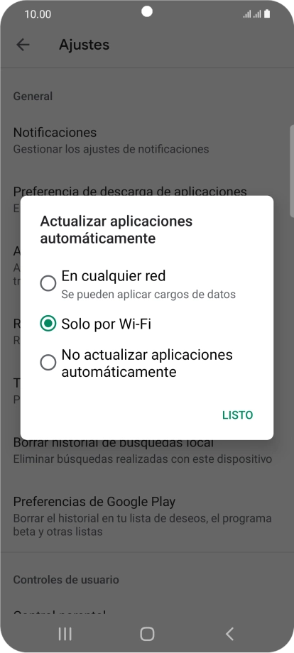 Para activar la actualización automática de apps utilizando la red móvil, pulsa En cualquier red. Para activar la actualización automática de apps utilizando la red móvil, pulsa En cualquier red.