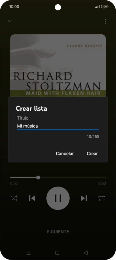 Introduce el nombre deseado de la lista de reproducción y pulsa Crear. Introduce el nombre deseado de la lista de reproducción y pulsa Crear.