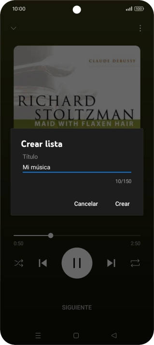 Introduce el nombre deseado de la lista de reproducción y pulsa Crear. Introduce el nombre deseado de la lista de reproducción y pulsa Crear.