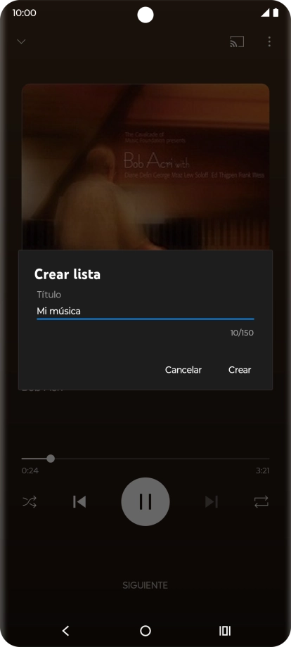 Introduce el nombre deseado de la lista de reproducción y pulsa Crear. Introduce el nombre deseado de la lista de reproducción y pulsa Crear.