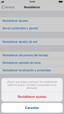 Pulsa Restablecer ajustes. Espera unos instantes mientras el teléfono restablece la configuración predeterminada. Sigue las indicaciones de la pantalla para configurar el teléfono y dejarlo listo para su uso.