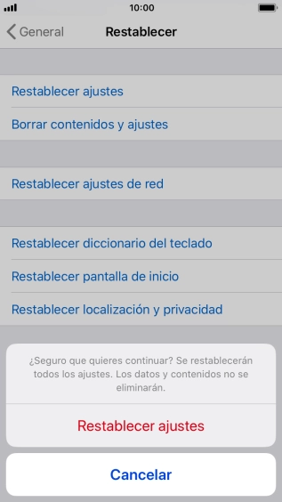 Pulsa Restablecer ajustes. Espera unos instantes mientras el teléfono restablece la configuración predeterminada. Sigue las indicaciones de la pantalla para configurar el teléfono y dejarlo listo para su uso. Pulsa Restablecer ajustes. Espera unos instantes mientras el teléfono restablece la configuración predeterminada. Sigue las indicaciones de la pantalla para configurar el teléfono y dejarlo listo para su uso.