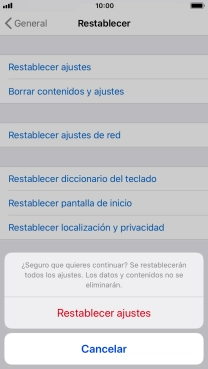 Pulsa Restablecer ajustes. Espera unos instantes mientras el teléfono restablece la configuración predeterminada. Sigue las indicaciones de la pantalla para configurar el teléfono y dejarlo listo para su uso. Pulsa Restablecer ajustes. Espera unos instantes mientras el teléfono restablece la configuración predeterminada. Sigue las indicaciones de la pantalla para configurar el teléfono y dejarlo listo para su uso.
