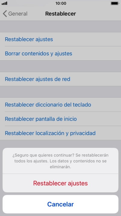Pulsa Restablecer ajustes. Espera unos instantes mientras el teléfono restablece la configuración predeterminada. Sigue las indicaciones de la pantalla para configurar el teléfono y dejarlo listo para su uso. Pulsa Restablecer ajustes. Espera unos instantes mientras el teléfono restablece la configuración predeterminada. Sigue las indicaciones de la pantalla para configurar el teléfono y dejarlo listo para su uso.