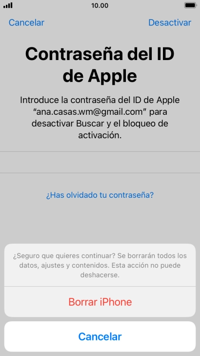 Introduce la contraseña de tu ID de Apple y pulsa Borrar iPhone. Espera unos instantes mientras el teléfono restablece la configuración predeterminada. Sigue las indicaciones de la pantalla para configurar el teléfono y dejarlo listo para su uso. Introduce la contraseña de tu ID de Apple y pulsa Borrar iPhone. Espera unos instantes mientras el teléfono restablece la configuración predeterminada. Sigue las indicaciones de la pantalla para configurar el teléfono y dejarlo listo para su uso.