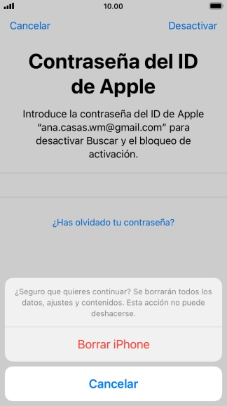 Introduce la contraseña de tu ID de Apple y pulsa Borrar iPhone. Espera unos instantes mientras el teléfono restablece la configuración predeterminada. Sigue las indicaciones de la pantalla para configurar el teléfono y dejarlo listo para su uso. Introduce la contraseña de tu ID de Apple y pulsa Borrar iPhone. Espera unos instantes mientras el teléfono restablece la configuración predeterminada. Sigue las indicaciones de la pantalla para configurar el teléfono y dejarlo listo para su uso.