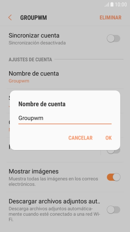 Introduce el nombre deseado de la cuenta de correo electrónico y pulsa OK. Introduce el nombre deseado de la cuenta de correo electrónico y pulsa OK.