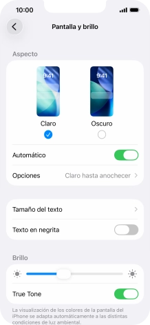 Si activas la función, pulsa Opciones y sigue las indicaciones de la pantalla para seleccionar el período de tiempo que debe durar el Modo Oscuro. Si activas la función, pulsa Opciones y sigue las indicaciones de la pantalla para seleccionar el período de tiempo que debe durar el Modo Oscuro.