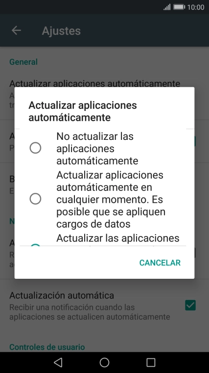 Pulsa No actualizar las aplicaciones automáticamente para desactivar la función. Pulsa No actualizar las aplicaciones automáticamente para desactivar la función.
