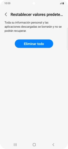 Pulsa Eliminar todo. Espera unos instantes mientras el teléfono restablece la configuración predeterminada. Sigue las indicaciones de la pantalla para configurar el teléfono y dejarlo listo para su uso.