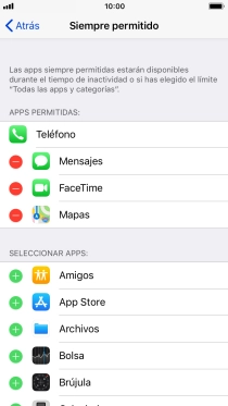 Pulsa el icono de añadir junto a la app deseada para añadirla a la lista de apps permitidas bajo el tiempo de inactividad de pantalla. Pulsa el icono de añadir junto a la app deseada para añadirla a la lista de apps permitidas bajo el tiempo de inactividad de pantalla.