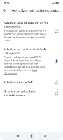 Para activar la actualización automática de apps utilizando la red móvil, pulsa Actualizar todas las apps con Wi-Fi o datos móviles. Para activar la actualización automática de apps utilizando la red móvil, pulsa Actualizar todas las apps con Wi-Fi o datos móviles.