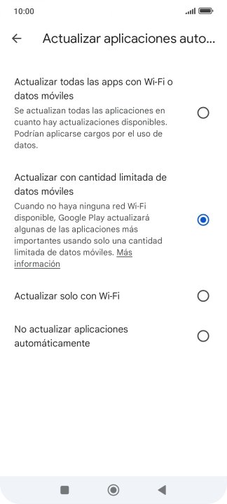 Para activar la actualización automática de apps utilizando la red móvil, pulsa Actualizar todas las apps con Wi-Fi o datos móviles. Para activar la actualización automática de apps utilizando la red móvil, pulsa Actualizar todas las apps con Wi-Fi o datos móviles.