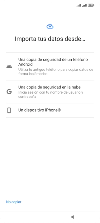 Pulsa la opción deseada y sigue las indicaciones de la pantalla para transferir contenido desde el otro teléfono y finalizar la activación de tu teléfono. Pulsa la opción deseada y sigue las indicaciones de la pantalla para transferir contenido desde el otro teléfono y finalizar la activación de tu teléfono.
