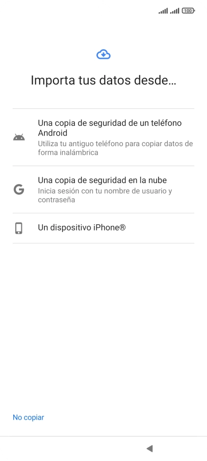 Pulsa la opción deseada y sigue las indicaciones de la pantalla para transferir contenido desde el otro teléfono y finalizar la activación de tu teléfono. Pulsa la opción deseada y sigue las indicaciones de la pantalla para transferir contenido desde el otro teléfono y finalizar la activación de tu teléfono.