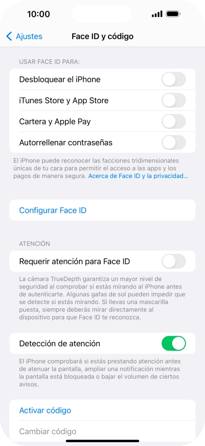Pulsa Activar código e introduce un código de seguridad de libre elección dos veces seguidas. Pulsa Activar código e introduce un código de seguridad de libre elección dos veces seguidas.