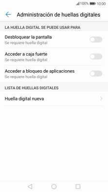 Pulsa Huella digital nueva y sigue las indicaciones de la pantalla para configurar una huella digital como código de seguridad del teléfono. Pulsa Huella digital nueva y sigue las indicaciones de la pantalla para configurar una huella digital como código de seguridad del teléfono.
