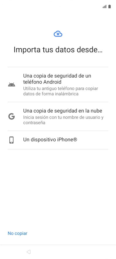 Pulsa el ajuste deseado y sigue las instrucciones de la pantalla para transferir el contenido del otro teléfono. Pulsa el ajuste deseado y sigue las instrucciones de la pantalla para transferir el contenido del otro teléfono.