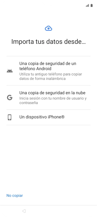 Pulsa el ajuste deseado y sigue las instrucciones de la pantalla para transferir el contenido del otro teléfono. Pulsa el ajuste deseado y sigue las instrucciones de la pantalla para transferir el contenido del otro teléfono.
