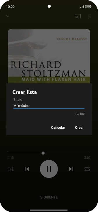 Introduce el nombre deseado de la lista de reproducción y pulsa Crear. Introduce el nombre deseado de la lista de reproducción y pulsa Crear.