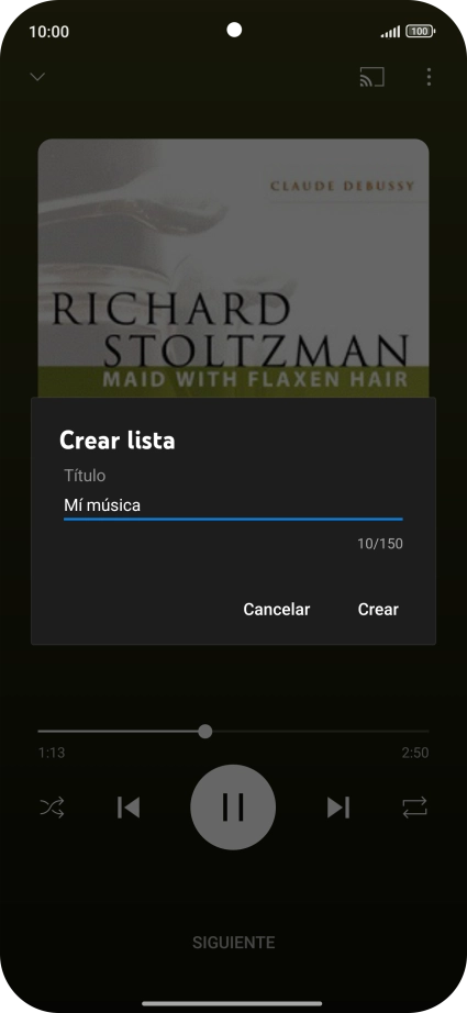 Introduce el nombre deseado de la lista de reproducción y pulsa Crear. Introduce el nombre deseado de la lista de reproducción y pulsa Crear.