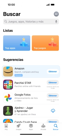 Pulsa en el campo de búsqueda e introduce el nombre o el tema de la app deseada. Pulsa en el campo de búsqueda e introduce el nombre o el tema de la app deseada.