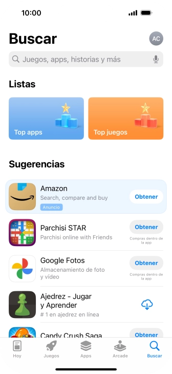Pulsa en el campo de búsqueda e introduce el nombre o el tema de la app deseada. Pulsa en el campo de búsqueda e introduce el nombre o el tema de la app deseada.