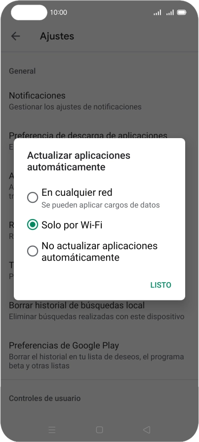 Para activar la actualización automática de apps utilizando la red móvil, pulsa En cualquier red. Para activar la actualización automática de apps utilizando la red móvil, pulsa En cualquier red.