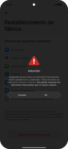 Pulsa OK. Espera unos instantes mientras el teléfono restablece la configuración predeterminada. Sigue las indicaciones de la pantalla para configurar el teléfono y dejarlo listo para su uso. Pulsa OK. Espera unos instantes mientras el teléfono restablece la configuración predeterminada. Sigue las indicaciones de la pantalla para configurar el teléfono y dejarlo listo para su uso.
