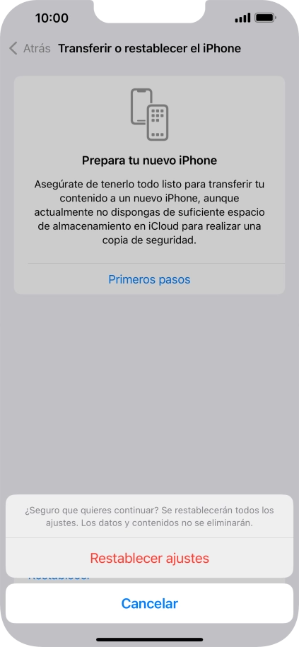 Pulsa Restablecer ajustes. Espera unos instantes mientras el teléfono restablece la configuración predeterminada. Sigue las indicaciones de la pantalla para configurar el teléfono y dejarlo listo para su uso. Pulsa Restablecer ajustes. Espera unos instantes mientras el teléfono restablece la configuración predeterminada. Sigue las indicaciones de la pantalla para configurar el teléfono y dejarlo listo para su uso.