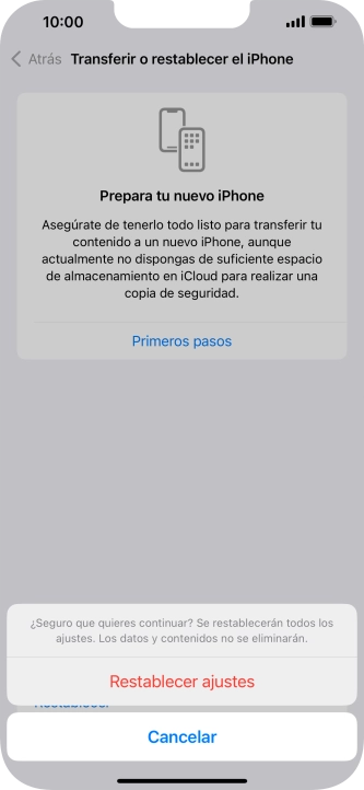 Pulsa Restablecer ajustes. Espera unos instantes mientras el teléfono restablece la configuración predeterminada. Sigue las indicaciones de la pantalla para configurar el teléfono y dejarlo listo para su uso. Pulsa Restablecer ajustes. Espera unos instantes mientras el teléfono restablece la configuración predeterminada. Sigue las indicaciones de la pantalla para configurar el teléfono y dejarlo listo para su uso.