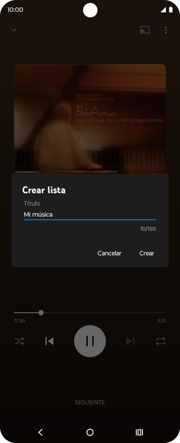 Introduce el nombre deseado de la lista de reproducción y pulsa Crear. Introduce el nombre deseado de la lista de reproducción y pulsa Crear.