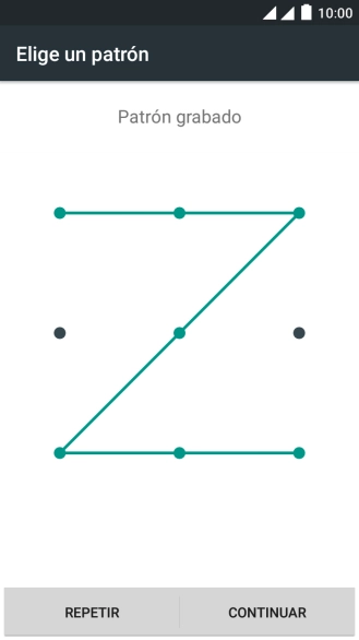 Desliza el dedo por la pantalla para unir por lo menos cuatro puntos y pulsa CONTINUAR. Desliza el dedo por la pantalla para unir por lo menos cuatro puntos y pulsa CONTINUAR.