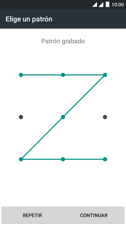Desliza el dedo por la pantalla para unir por lo menos cuatro puntos y pulsa CONTINUAR. Desliza el dedo por la pantalla para unir por lo menos cuatro puntos y pulsa CONTINUAR.